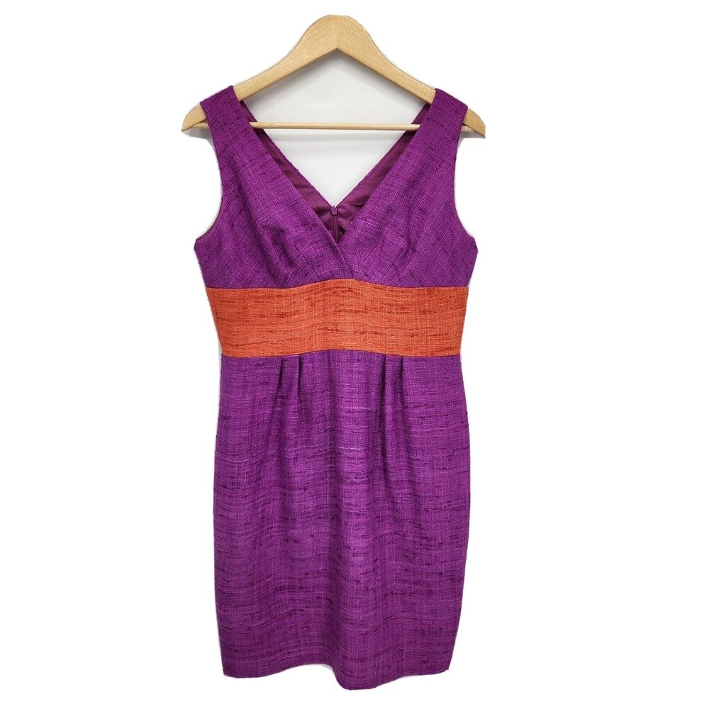 Trina Turk Cayli Sheath Dress 100% Silk Tweed Purple Sleeveless Orange Size 10